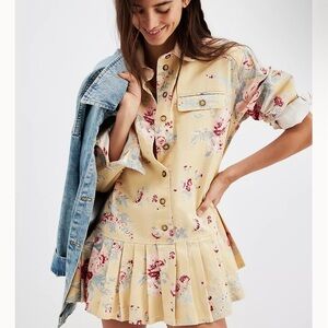 Free People Connor Printed Mini Dress in Yellow Combo, 100% Cotton, size M